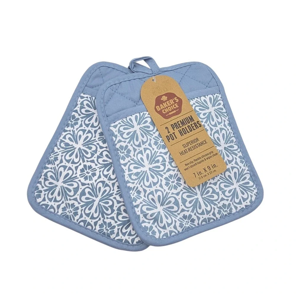 Bakers Choice Blue Floral Cotton Silicone Pot Holder & Oven Mitt Set of 3 Piece